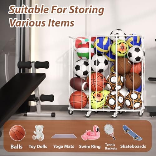 YKDIRECT 250L Rolling Ball Organizer with Locking Wheels - Large Sports Storage Basket for Basketball Soccer Football Volleyball, Steel Garage Equipment Cart with Elastic Rope for Household Storage view 6