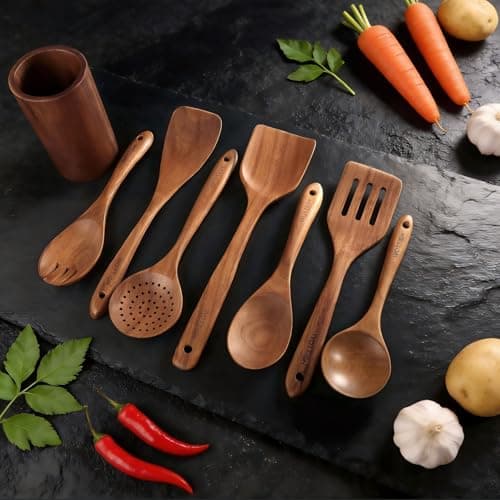 Wooden Spoons for Cooking - 8-Piece Wooden Kitchen Utensil Set made of Natural Solid Wood Material-Includes Spoons,Spatulas,Ladles,Mixing Spoon and Utensil Holder,Holiday Gifts view 3