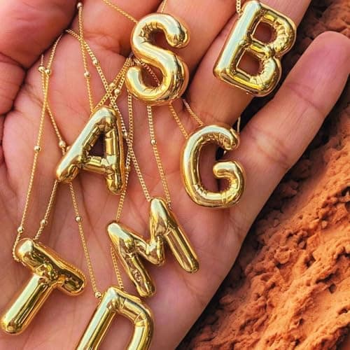 Punhem Bubble Gold Letter Necklace for Women 14k Gold Plated Balloon Initial Letter Pendant Necklace Pearl Custom Name Layered Choker Necklace Gold Jewelry view 5