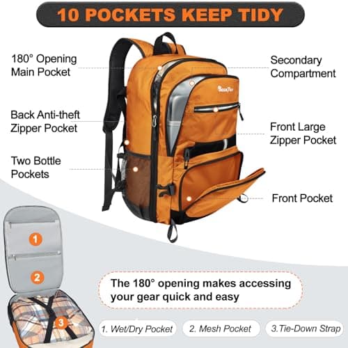 Seektop 40L Foldable Hiking Backpack for Women Men Lightweight Packable Travel Backpack Carry on Flight Approved for Outdoor Camping Sport Leisure (Orange) view 2