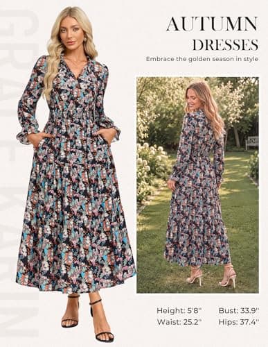 GRACE KARIN Women's Fall Midi Long Sleeve Floral Causal Dress Light Blue XL view 2