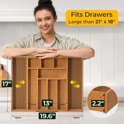 keechee Carbonized Bamboo Kitchen Drawer Organizer, 10 Slots Expandable Silverware Organizer, Utensil Holder & Cutlery Tray, 2.2" Deep for Extra Capacity, Non-Slip Feet Included view 5