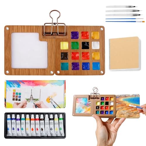 Watercolor Paint Set 12 Colors, 15-Compartment Mini Travel Watercolor Kit with 5 Brushes & Sketchbook, Portable Wooden Box with Color Storage Case for Plein Air & Urban Sketching
