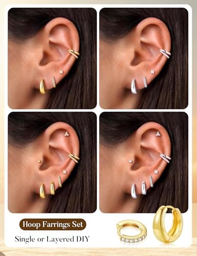 Turandoss 7 Pairs Gold Hoop Earrings for Women, 14K Gold Plated Hypoallergenic Small Huggie Hoops Earrings CZ Stud Earrings Stack, Cartilage Piercing Jewelry for Multiple Piercings view 5