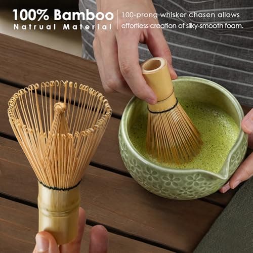 7Pcs Matcha Whisk Set, Matcha Set Whisk and Bowl,Bamboo Scoop, Scoop Rest, Sifter and Tea Towel, Matcha Kit W/Carved Cherry Blossm Pattern for Matcha Lovers (Sakura Green) view 5