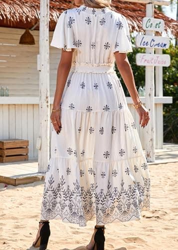 KIRUNDO Floral Maxi Dresses for Women 2026 Spring Summer Wedding Guest Short Sleeve Smocked Waist Flowy Beach Vacation Dress view 2