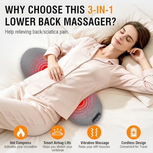 USUIE Cordless Lumbar Support Pillow, Lower Back Massager for Pain Relief | Triple Fusion (Heat & Massage & Traction), Ergonomic Memory Foam, for Sciatica, Back Restore, Use in Car/Office/Home/Travel view 2