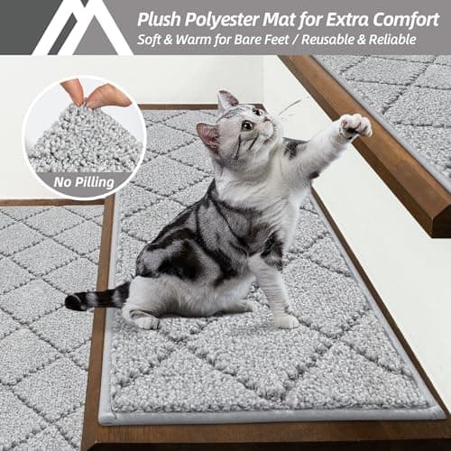 COSY HOMEER Edging Stair Treads Non-Slip Carpet Mat 28inX9in Indoor Stair Runners for Wooden Steps, Edging Stair Rugs for Kids and Dogs, 100% Polyester TPE Backing (15pc, Grey) view 3