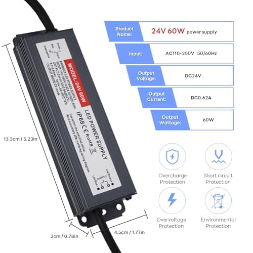 UPWATT LED Driver 60W Waterproof IP68 Power Supply Transformer Adapter 110V-250V AC to 24V DC Low Voltage Output for LED Light, Computer Project, Outdoor Light and Any 24V DC led Lights, 60W24V-N view 2