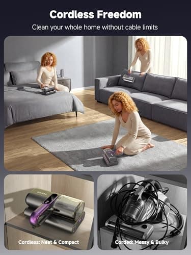 FEPPO Cordless Mattress Vacuum Cleaner, 18Kpa Bed Vacuum with 253.7nm UV-C Light & Ultrasonic Technology, Handheld Vacuums with Dust Sensor & LED Display, 52800 Times/Min High Frequency Tapping view 4