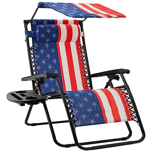 Best Choice Products Folding Zero Gravity Outdoor Recliner Patio Lounge Chair w/Adjustable Canopy Shade, Headrest, Side Accessory Tray, Textilene Mesh - American Flag view 1