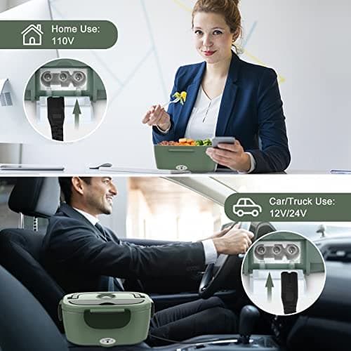 Vabaso Electric Lunch Box for Adults, 80W Heated Lunch Box Portable Food Warmer Lunch Box for Work/Men/Car/Truck with 1.5L 304 Stainless Steel Container Fork & Spoon, 110V/12V/24V view 2