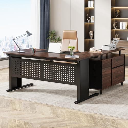 Tribesigns 63 Inch Executive Desk with File Cabinet, Large Office Desk L Shaped Computer Desk with Drawers and Storage Shelves, Business Furniture Desk for Home Office, Dark Walnut and Black view 1