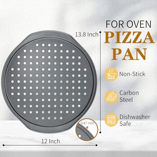 Bestdin 5Pcs Pizza Pan Set - 12 inch Pizza Pan with Holes, Non-stick, Pizza Oven Accessories with 2 Carbon Steel Round Pans, Pizza Cutter and 2 Gloves, Dishwasher Safe view 2