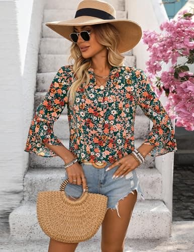 LOOKBOHO Womens Boho Tops Ruffle 3/4 Sleeve Button V-Neck Dressy Casual 2026 Fall Bell Sleeve Floral Business Blouses view 5