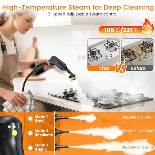Pressurized Steam Cleaner, 3-Level Adjustable Handheld Steamer Cleaning for Home, 15s Fast Heat-Up & 47.3oz Tank, 2500W Multi-Surface Portable Steamer for Floor/Grout/Car/Kitchen & Bathroom view 4