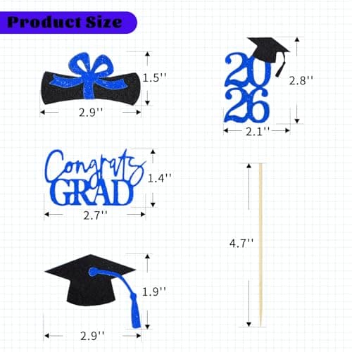 Oeyliz Graduation Cupcake Toppers 2026 Graduation Theme Cupcake Toppers Glitter 2026 Grad Cap Congrats Grad Diploma Cupcakes Toppers 24 PCS For 2026 Graduation Cake Decorations Supplies Blue view 2