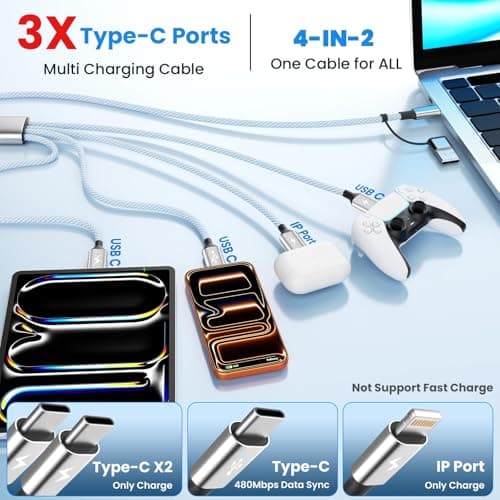 Jogrytece Upgrade 4 in 2 Multi Charging Cable, USB C Cable with 3 X Type-C/IP, Travel Holiday Essentials Phone Charger Cord for iPhone 17/16/15/14, Galaxy, Android (2Pack 5FT) view 2