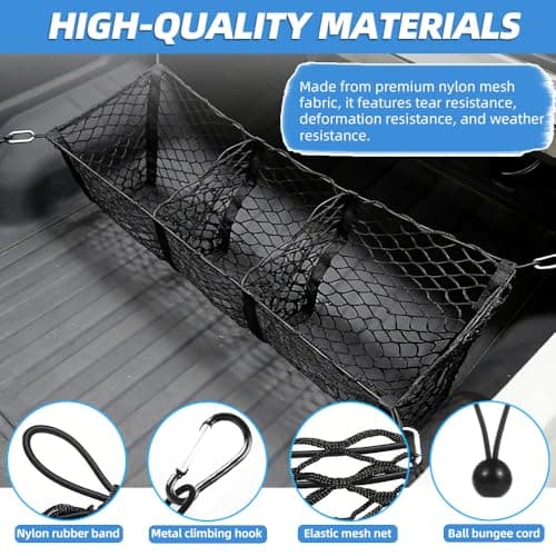 3 Pocket Truck Bed Cargo Net, Heavy Duty Truck Bed Storage Organizer with Super-Stretch Elastic,Universal Cargo Netting for Pickup Trucks SUV RV – Fits Ford F-150 Toyota Tacoma Chevrolet Silverado view 4