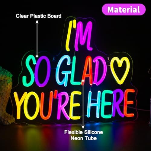 I'm So Glad You're Here Neon Sign, Letter Neon Signs for Wall Decor Dimmable Light up Sign, Classroom Wedding Kids Room Store Home Neon Decor 14.17 x 12.2 inch view 4