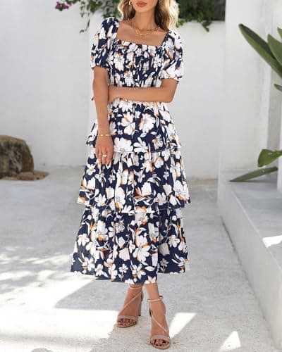 BTFBM Womens Square Neck Smocked Dress Summer Puff Short Sleeve Floral Casual Ruffle Tiered Maxi Wedding Guest Dresses view 5