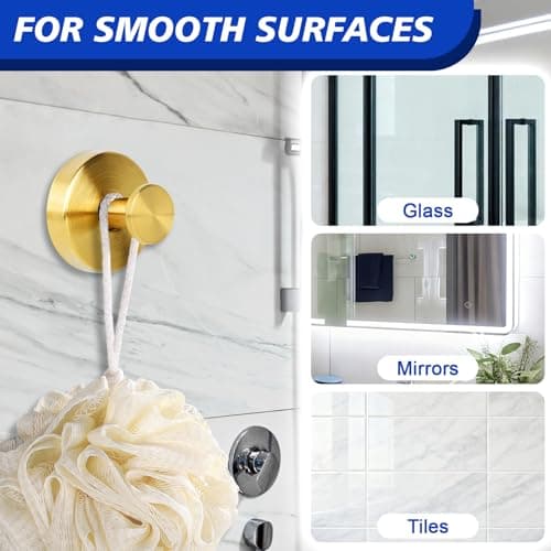 LUNIA Suction Cup Hooks, No Drill Bathroom Hooks, Waterproof Reusable Towel Hanger for Robe, Loofah, Mountable on Glass, Mirror, Tile & Smooth Non-Porous Surfaces - 2 Pack Gold view 2