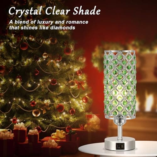 Hong-in Green Crystal Table Lamp - 3-Way Dimmable Touch Control, Bedside Lamp with USB C and A Ports, Nightstand Light for Living Room, Bedroom, Home Office (Bulb Included) view 2