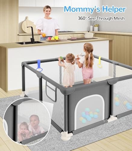 Dripex Baby Playpen, 47"x47" Small Playpen for Babies, Enhanced Safety Baby Play Yard for Indoor & Outdoor, Infant Play Pen with Soft Breathable Visible Mesh, Anti-Fall Design & Easy Setup, Grey view 6