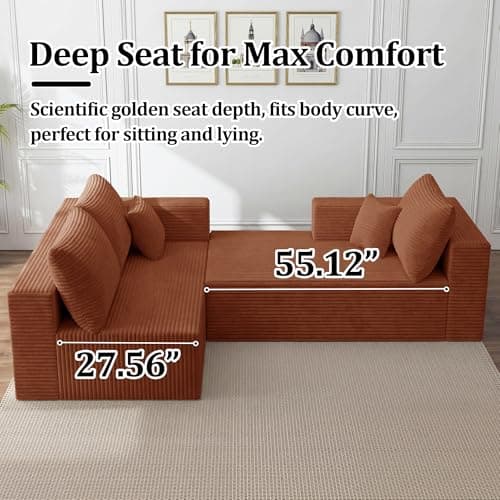92.5" Modular Sectional Sofa, L-Shaped Cloud Couch with Deep Seats & Chaise, Convertible 4-in-1 Corduroy Boneless Couches for Living Room, Bedroom, No Need Assembly - Brown view 4