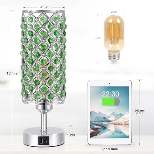 Hong-in Green Crystal Table Lamp - 3-Way Dimmable Touch Control, Bedside Lamp with USB C and A Ports, Nightstand Light for Living Room, Bedroom, Home Office (Bulb Included) view 4