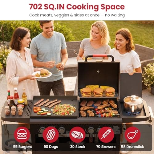LAUDLIFE 5-Burner Propane Grill Griddle Combo with Side Burner, Dual Zone BBQ Gas Grill, Non-Stick Porcelain-Enameled Surface, Easy to Clean, 702 Sq.In. Cooking Area, Heavy-Duty Stand for Backyard view 5