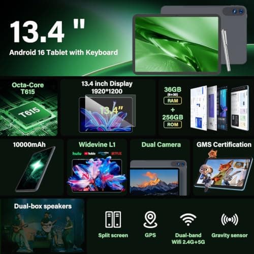 2026 Android 16 Tablet, 13 inch Tablet with Keyboard, 36GB+256GB+2TB Expand | Tablet 13 inch with Gemini AI, 1920x1200, 10000mAh, 8-Core, 2K Large Tablet PC with Case/Mouse/Stylus for Home & Work(Black) view 2
