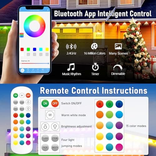 MUCCCUTE Permanent Outdoor Lights for Holidays Easter 300ft RGB House Light w/App & Remote Control Smart Rainbow LED IP67 Waterproof for New Year Christmas Roof Eaves Garden Décor All Year Around view 3