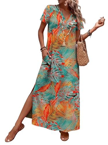 OFEEFAN Summer Dresses for Women 2026 Maxi Dress Short Sleeve Sundresses with Pockets Beach Vacation Spring Outfits view 4