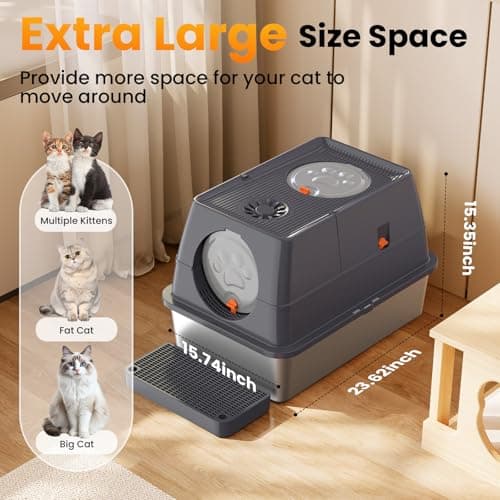 HAPAW 135° Flip-Top Stainless Steel Litter Box with Lid, Extra Large Enclosed Cat Litter Box, Metal Litter Pan with Front & Top Entry, Odor Control, Scoop & Filter Pedal view 2