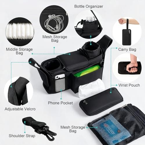 eutopic Universal Stroller Organizer with Insulated Cup Holder Detachable Phone Bag & Shoulder Strap, Bag Caddy Fits for Stroller like Uppababy, Baby Jogger, Britax, BOB, Umbrella & Pet Stroller view 2