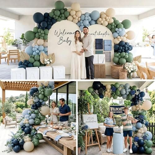 Double Stuffed Navy Blue & Sage Green Balloon Garland Arch Kit, Multi-size Matte Dusty Blue Sand Latex Balloons for Baby Shower,Gentleman Theme Party,Birthday,Bridal Wedding,Graduation view 7