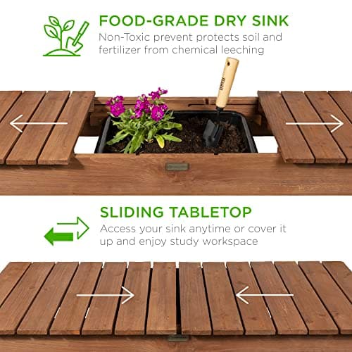 Best Choice Products Mobile Garden Potting Bench, Outdoor Wood Workstation Table w/Sliding Tabletop, 4 Locking Wheels, Food Grade Dry Sink, Storage Shelves - Brown view 4