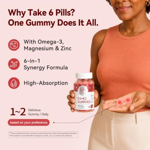 Vitamin D3 K2 Gummies, 5,000 IU / 10,000 IU D3 + 200 mcg MK-7, 120 Count | 6-in-1 Formula with Omega-3, Magnesium & Zinc for Enhanced Absorption. Supports Bone, Teeth & Heart Health, Sugar-Free Vegan view 6
