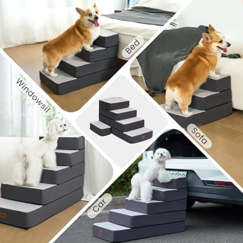 Garnpet 5-Step Adjustable Dog Stairs for High Beds, Dog Steps for Small Dogs and Cats, Foldable Pet Stairs for Bed Climbing, Non-Slip Pet Step Indoor, Grey view 4