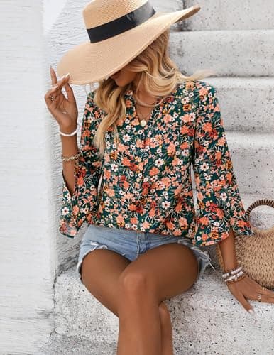 LOOKBOHO Womens Boho Tops Ruffle 3/4 Sleeve Button V-Neck Dressy Casual 2026 Fall Bell Sleeve Floral Business Blouses view 2