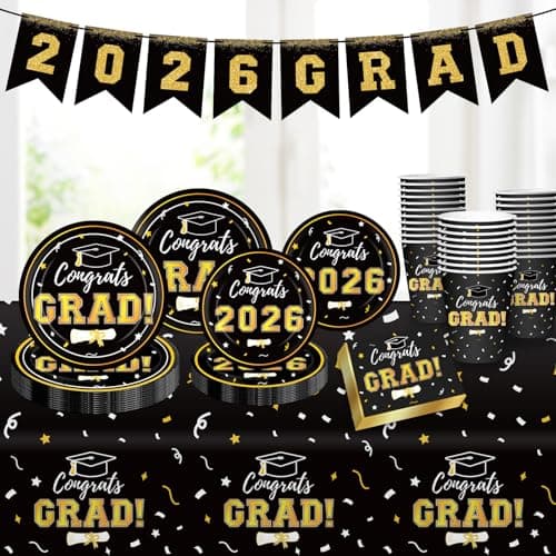 Graduation Decorations 2026 Disposable Black Graduation Tableware Kit for 25 Guests Plates Napkins Cups Tablecloth Hanging Graduation Party Decorations 2026 view 5