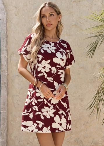 Wenrine Womens Summer Dress 2025 Floral T Shirt Dress Casual Cap Sleeve Crewneck Loose Boho Shift Mini Dresses view 2