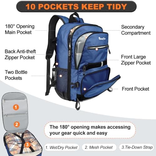 Seektop Lightweight Travel Backpack for Men Women, Multiple Pockets 40L Hiking Backpack Foldable Carry on Backpack for Outdoor Camping Sport Leisure (Blue) view 2