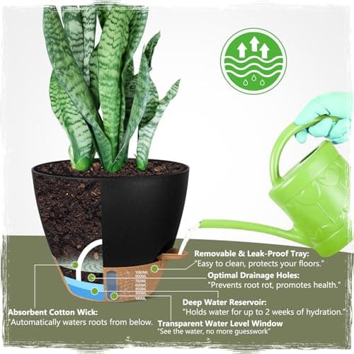 Goproauto Self-Watering Pots for Indoor Plants 4 Pack, 6/8/10/12 Inch Outdoor Planters with Water Level Indicator & Deep Reservoir, Decorative Flower Pots for Home Decor (Black, 12+10+8+6 Inch) view 3