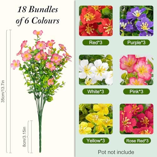 Trepcrow Artificial Flowers for Outdoor, UV Resistant Realistic Fake Wild Flowers No Fade – Faux Decoration for Outside Planter Beds, Window Box, Hanging Baskets, Garden Pots, Porch, Vase (18 Bundles view 3