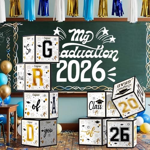 OHOME 8 Pack Graduation Decorations 2026 - Black Gold Balloon Boxes for Class of 2026 Party Favors Supplies - Graduation Party Decorations 2026 Yard Signs Banner Backdrop Decor (Black) view 5
