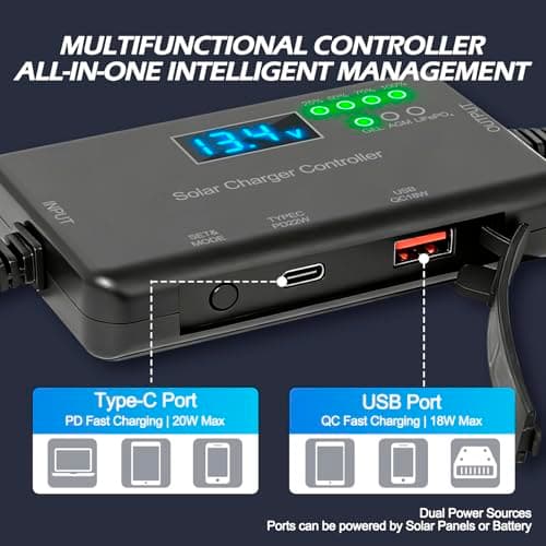 VUICCI 20A Solar Charge Controller 12V, 30V Max VOC | 22W Type-C & 18W USB Fast Charging | LCD Display, Multi Protection | Compatible with LiFePO4, AGM, Gel | for RV, Solar Shed Off Grid System view 2