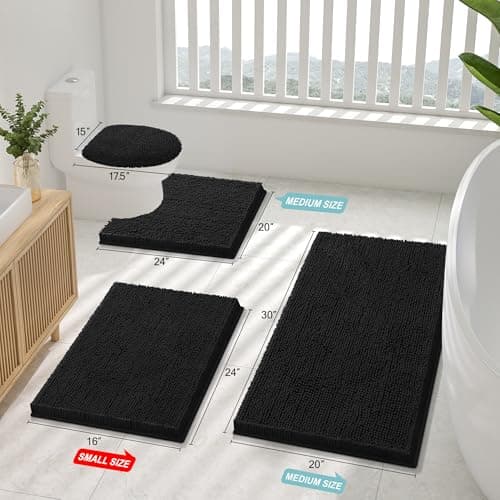 Smiry Luxury Chenille Bathroom Rugs 24x16, Extra Soft and Absorbent Shaggy Bath Mat, Machine Washable, Non-Slip Plush Carpet Runner for Tub, Shower, and Floor, Home Decor Accessories, Black view 2