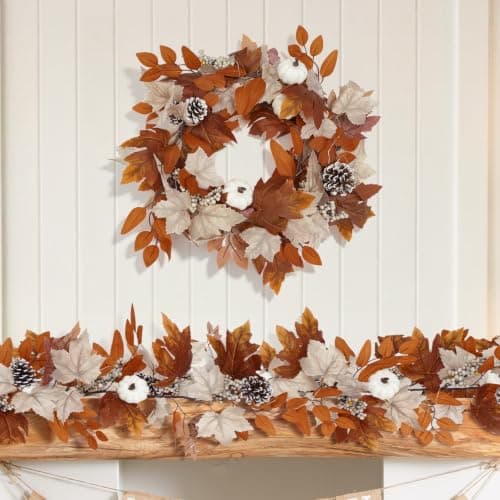 6 Ft Fall Garland with Lights & Timer, Thanksgiving Fireplace Mantel Decor | 30 Warm LED Lights, 6H Timer, Maple Leaves, Pumpkin, Berries and Pine Cones, Fireplace, Lighted Porch Table Autumn Decor view 4